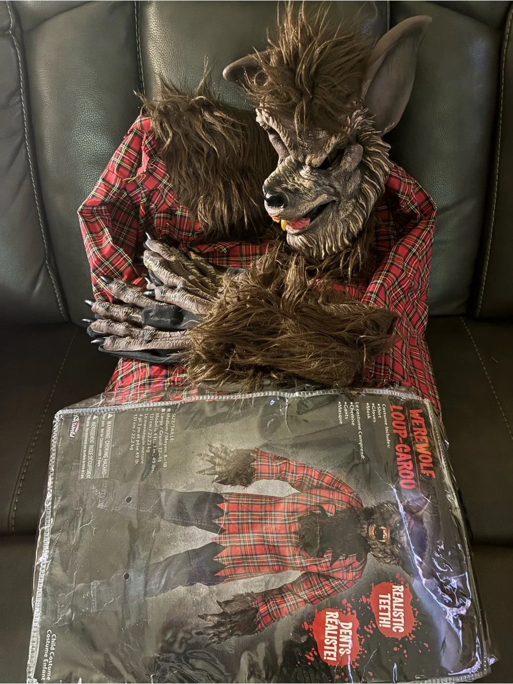 Werewolf Kids Costume - Brown Fur with Red Plaid Shirt Medium Size (8-10)